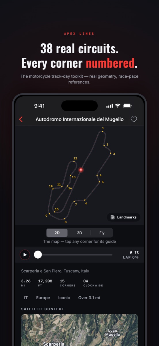 Apex Lines iPhone track detail for Mugello: 2D map with fifteen numbered corners, 2D/3D/Fly picker, lap playback bar, and circuit stats