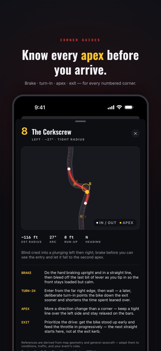 Apex Lines iPhone corner guide sheet for Laguna Seca turn 8, the Corkscrew: zoomed line crop with in, apex, and out markers, radius and arc readouts, and brake, turn-in, apex, and exit references