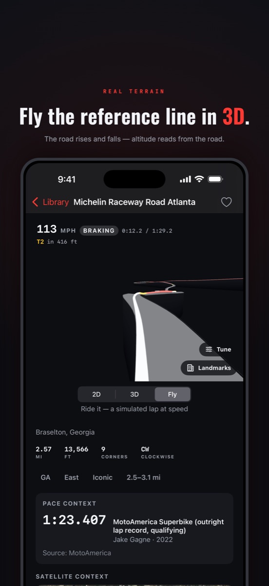 Apex Lines iPhone fly-the-line mode at Road Atlanta: a 3D view down the reference line with a live HUD reading 113 mph, braking, next corner T2 in 416 feet