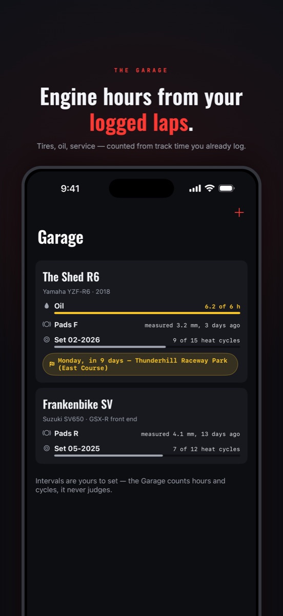 Apex Lines iPhone Garage screen listing two bikes with oil hours, brake pad measurements, and tire heat-cycle progress bars