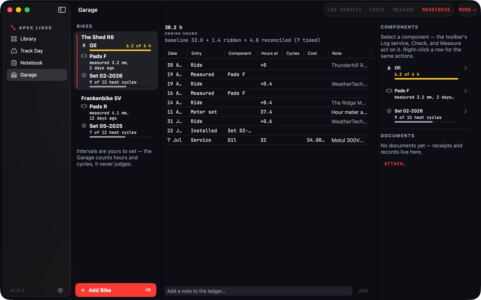 Apex Lines Garage on Mac: bikes sidebar, an engine-hours ledger of rides, services, and measurements, and a components inspector with oil hours and tire heat cycles