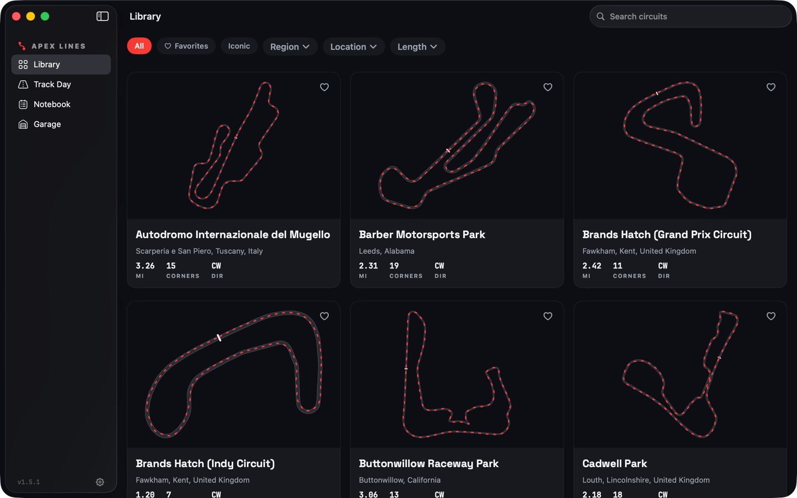 Apex Lines circuit library on Mac: a filterable grid of track cards, each drawn as a dark asphalt outline with the red reference line, for Mugello, Barber, Brands Hatch, Buttonwillow, and Cadwell Park