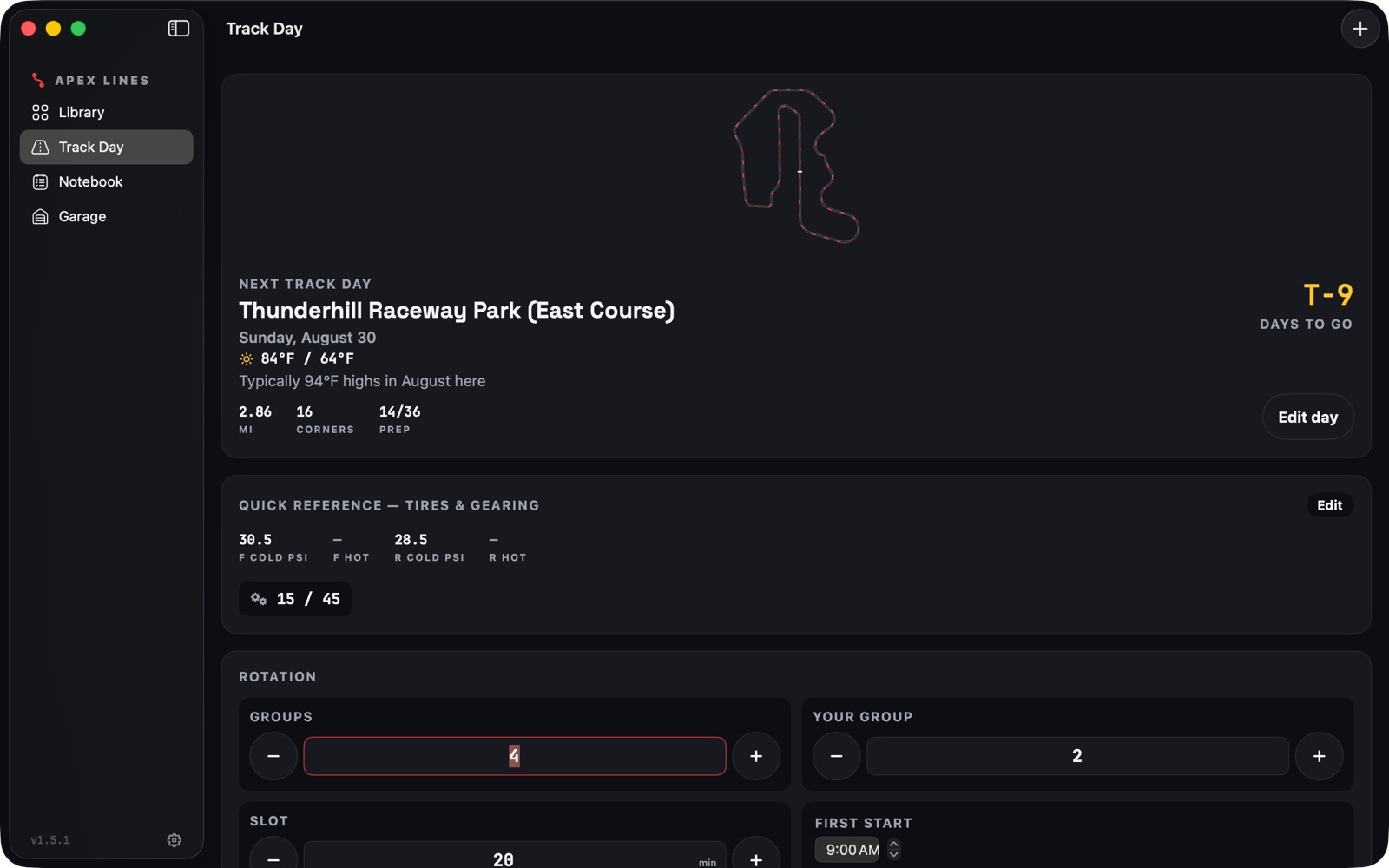 Apex Lines Track Day hub on Mac after the beta polish pass: next-day card with silhouette and countdown, tire and gearing quick reference, and run-group rotation steppers